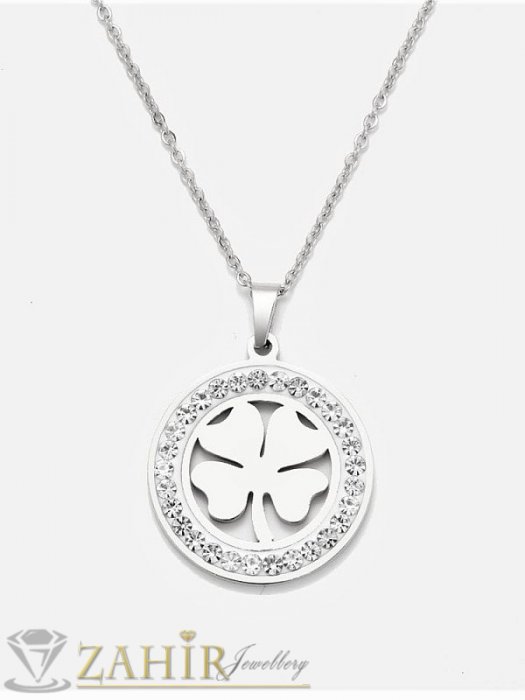Дамски бижута - Нежен стоманен медальон с четирилистна детелина 1,8 см на класически стоманен ланец 45 или 50 см - K1808
